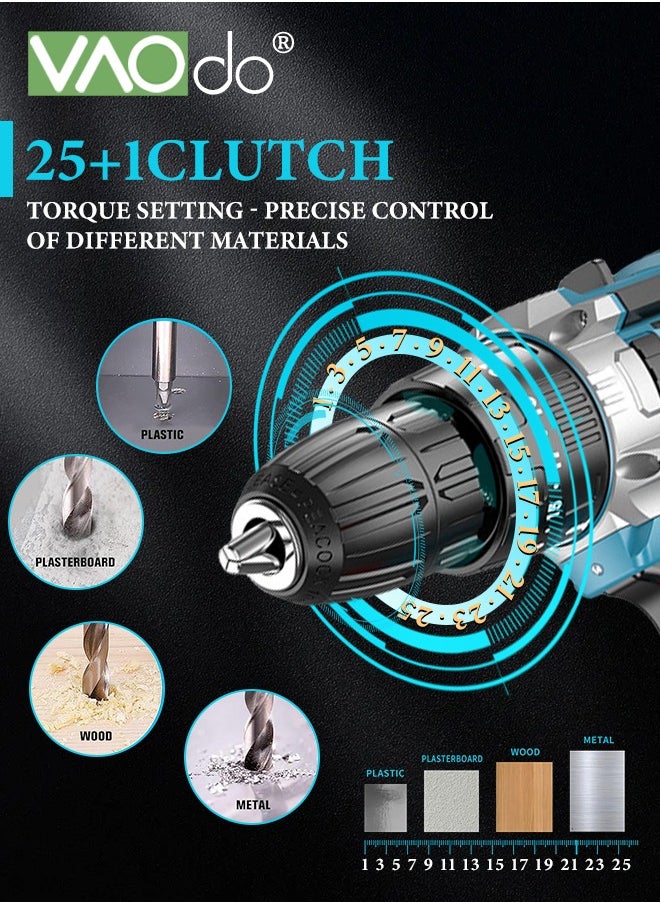 VAOdo - 24V Cordless Drill Set with 2 Battery and LED Light 2 Variable Speed Power Drill Kit  Variable Speed 25+1 Torque Settings and 24pcs Drill Bits Cordless Impact Hammer Drill Driver  for Wood Cement Concrete Ceiling Brick Wall - Image 1