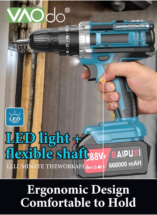 VAOdo - 24V Cordless Drill Set with 2 Battery and LED Light 2 Variable Speed Power Drill Kit  Variable Speed 25+1 Torque Settings and 24pcs Drill Bits Cordless Impact Hammer Drill Driver  for Wood Cement Concrete Ceiling Brick Wall - Image 1