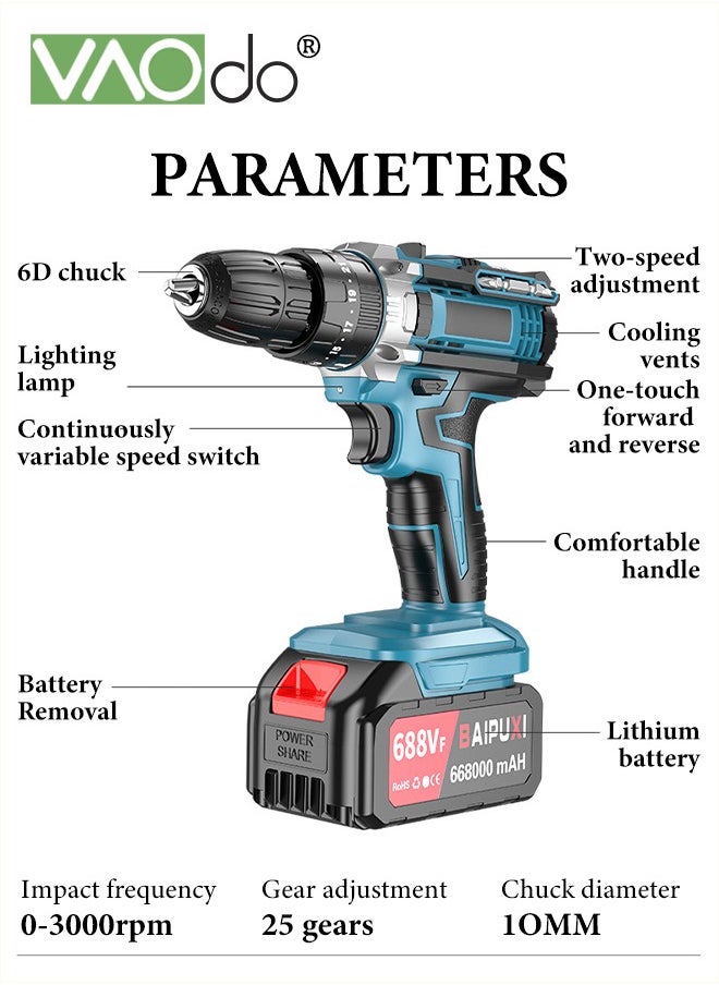 VAOdo - 24V Cordless Drill Set with 2 Battery and LED Light 2 Variable Speed Power Drill Kit  Variable Speed 25+1 Torque Settings and 24pcs Drill Bits Cordless Impact Hammer Drill Driver  for Wood Cement Concrete Ceiling Brick Wall - Image 1