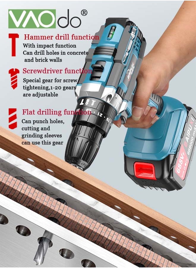 VAOdo - 24V Cordless Drill Set with 2 Battery and LED Light 2 Variable Speed Power Drill Kit  Variable Speed 25+1 Torque Settings and 24pcs Drill Bits Cordless Impact Hammer Drill Driver  for Wood Cement Concrete Ceiling Brick Wall - Image 1