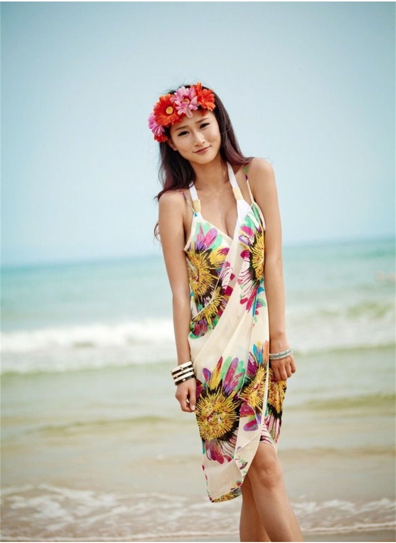 Loquat Women Summer Floral Chiffon Bikini Cover Up Beach Dress Swimwear Wrap  White 