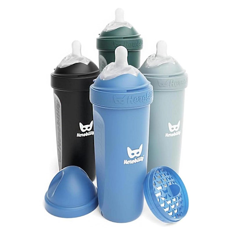 Herobility Anti-Colic Baby Bottles 12 fl oz/340ml - Pack of 4 Plastic Baby Bottles, Fast Flow Plastic Bottles, Breast-Shaped Teat for Breastfed Babies - Multicolor - Denim, Black, Dusky Green, Gray - Image 1
