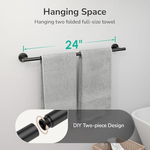 USHOWER Matte Black Towel Bar, 24-Inch Towel Rack for Bathroom Wall Mounted, Thicken SUS304 Stainless Steel Towel Rod Modern Home Decor (Total Length 26-Inch) - Image 4