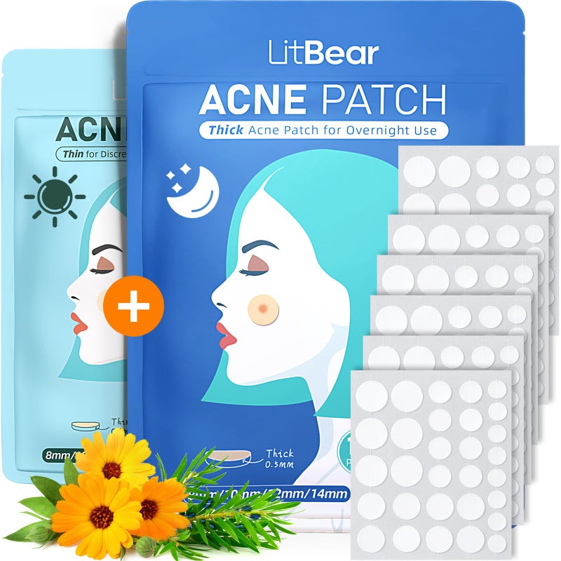 LitBear Acne Pimple Patches- Day and Night 4 Sizes 180 Dots Thin & Thick Hydrocolloid Patches with Witch Hazel, Tea Tree & Calendula Oil, Pimple Stickers for Covering Zits, Blemishes, Spots, Acne Dots - Image 1