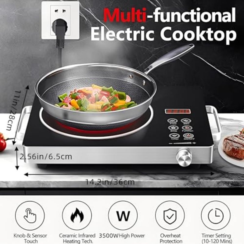 Portable Electric Cooktop 3500W Infrared Burner with 3-Hour Timer, Adjustable Power Smooth Glass Plate for Indoor Cooking, Black - Image 3