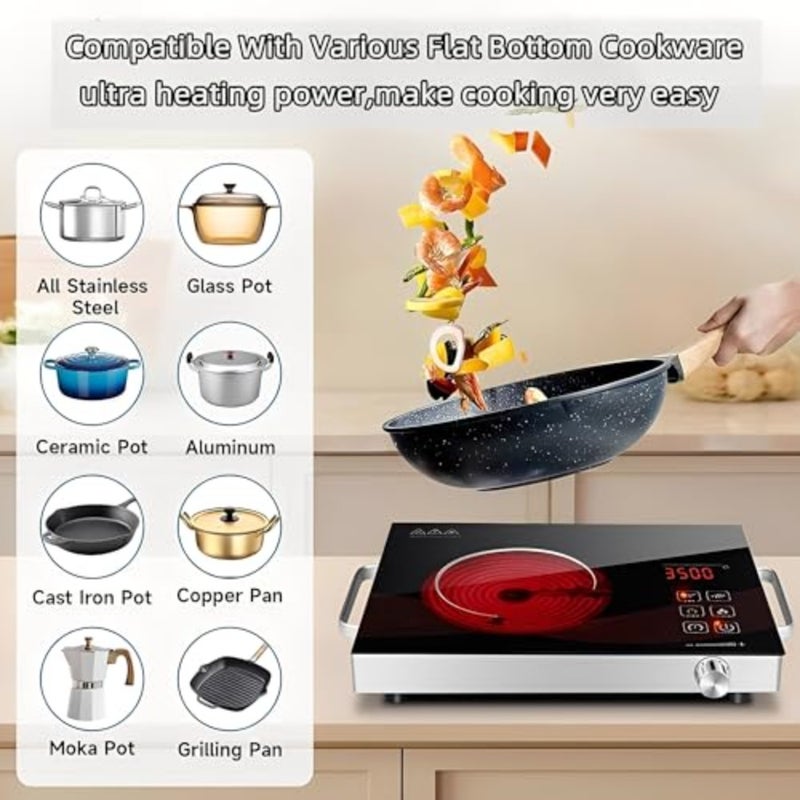 Portable Electric Cooktop 3500W Infrared Burner with 3-Hour Timer, Adjustable Power Smooth Glass Plate for Indoor Cooking, Black - Image 2