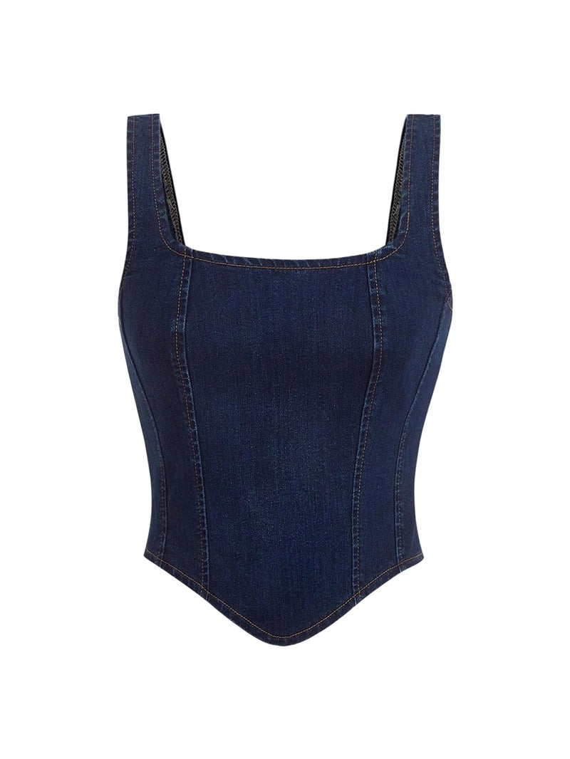 WDIRARA Women's Denim Corset Tank Top Asymmetrical Hem Crop Tops Sleeveless Zip Up Back Tanks Dark Wash Large - Image 1
