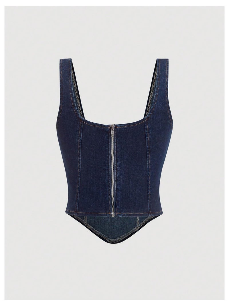 WDIRARA Women's Denim Corset Tank Top Asymmetrical Hem Crop Tops Sleeveless Zip Up Back Tanks Dark Wash Large - Image 2