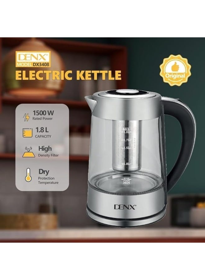 Denx Harbour Delights - Denx Electric Borosilicate Glass Kettle with Stainless Steel Infuser, 1.8L Capacity, Clear - DX3408 - Image 2