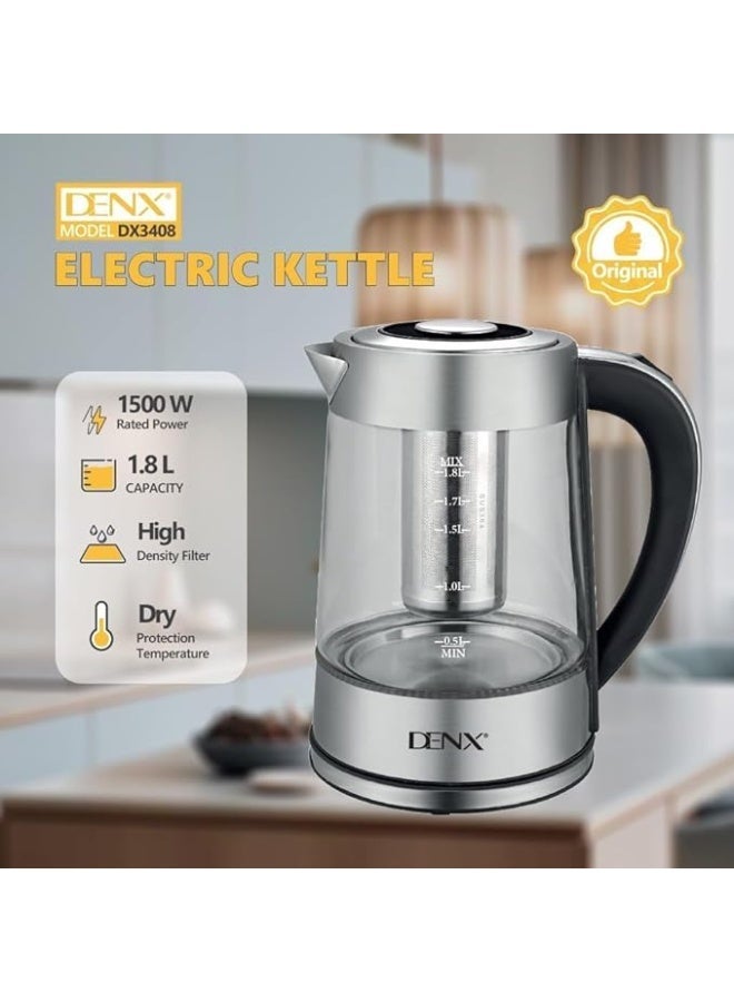 Denx Harbour Delights - Denx Electric Borosilicate Glass Kettle with Stainless Steel Infuser, 1.8L Capacity, Clear - DX3408 - Image 3