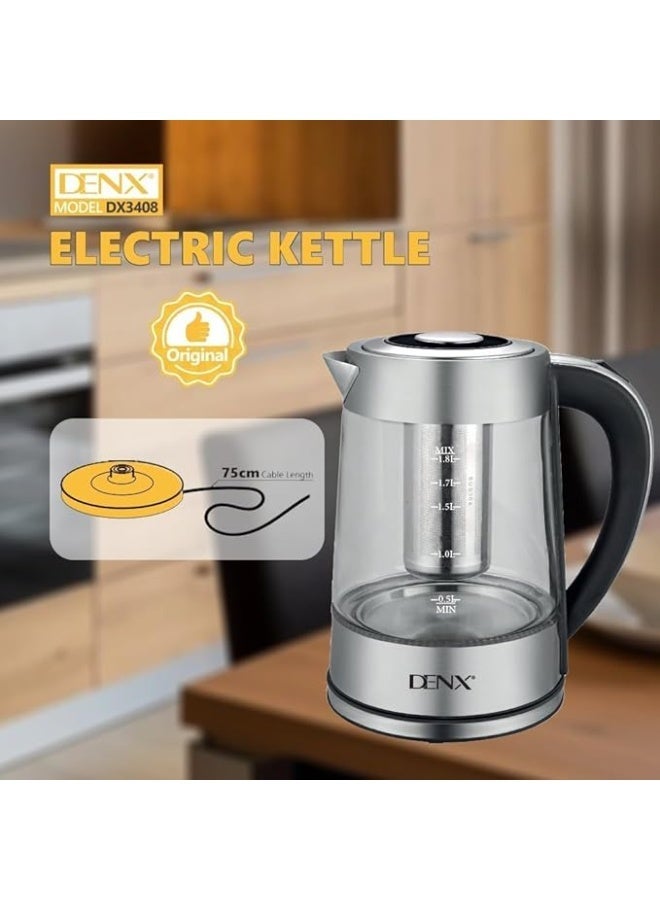 Denx Harbour Delights - Denx Electric Borosilicate Glass Kettle with Stainless Steel Infuser, 1.8L Capacity, Clear - DX3408 - Image 4