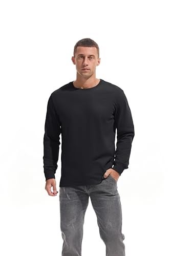 VEIISAR Men's Heavy Weight Crew Neck Long Sleeve T Shirt - Mens 100 Cotton Thick Pre Shrunk Shirts Black XXL - Image 4