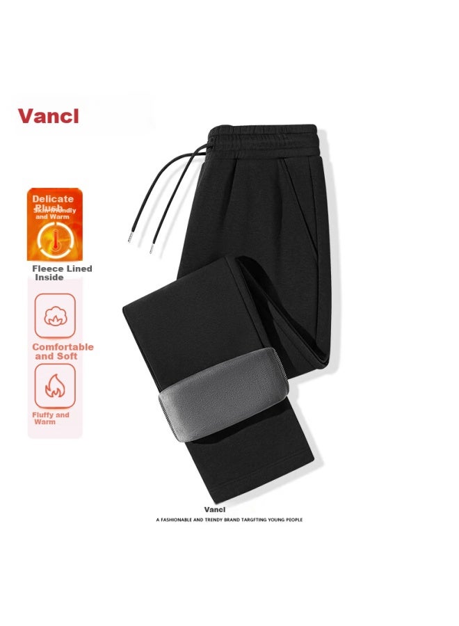 Vancl Fleece-lined Sweatpants Winter Men's Thickened Loose Straight-leg Casual Pants Plus Size Warm Men's Sweatpants Black 3XL