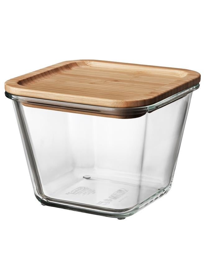 زبون وعاء طعام مع غطاء، زجاج مربع/خيزران، 1.2 لتر - Image 1
