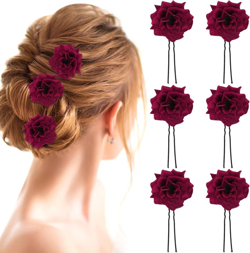 UHONEMY 6pcs Red Rose Flower Hair Clips U Shape Bridal Wedding Hair Pins Vintage Rose Hair Accessories Floral Head Hairpin for Women Girls Bridal Wedding Prom Party