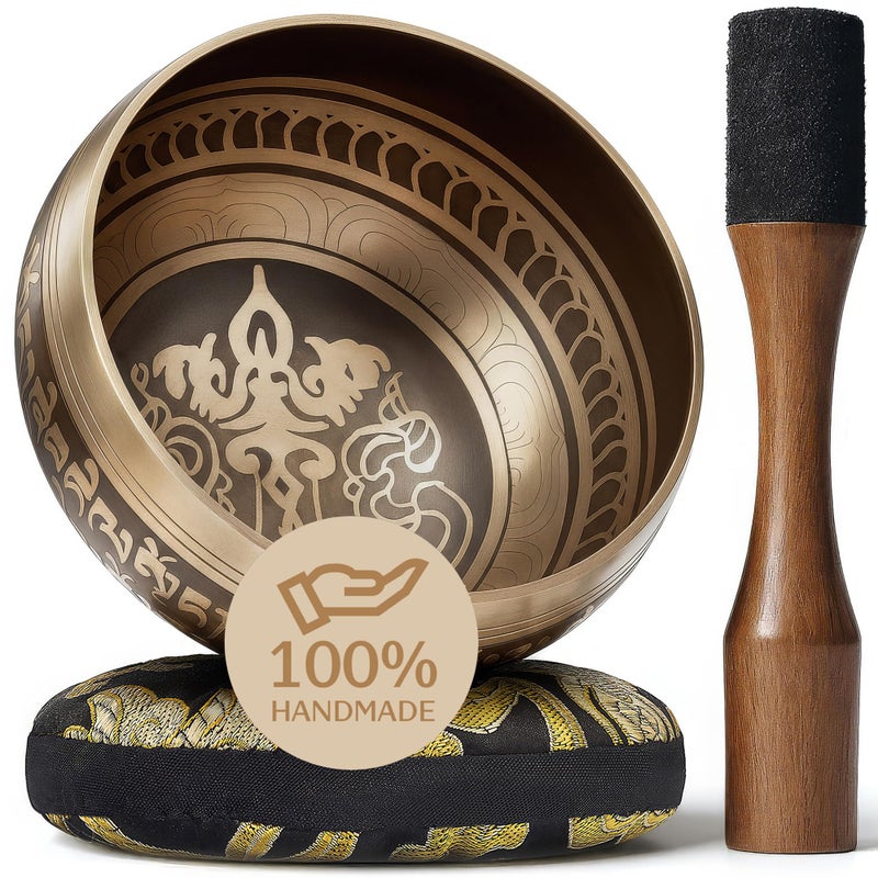 Handmade Tibetan Etched Singing Bowl Set Sound Bowl Meditation Bowl with Cushion Mallet Guide Yoga Kit Stress Relief Tools Ancient Himalayan Meditation Tools
