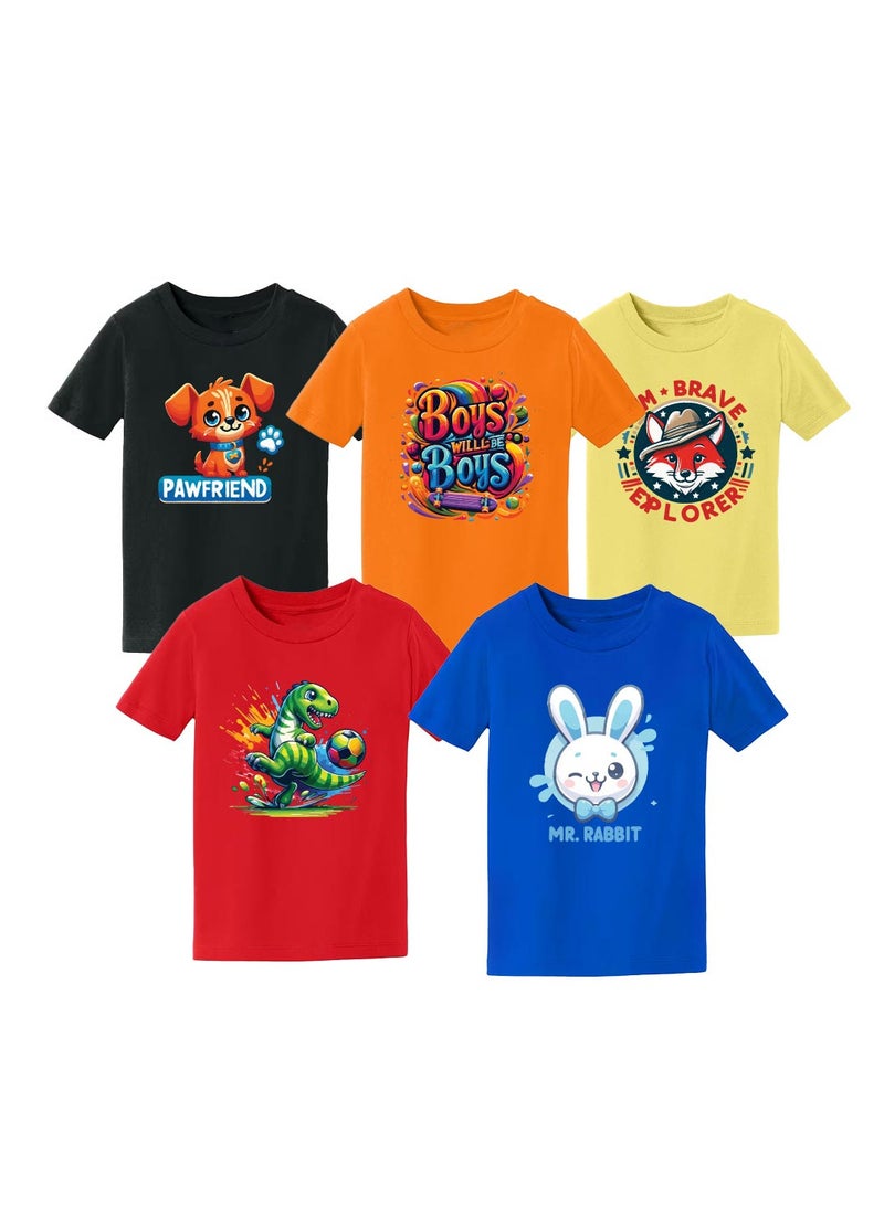 برينت شوب فور مي مجموعة مكونة من 5 تي شيرتات للأولاد أنيقة - تي شيرت كومبو مطبوع بأكمام قصيرة للأولاد - تي شيرت برقبة دائرية للأولاد - تي شيرت كومبو للأطفال - Image 1