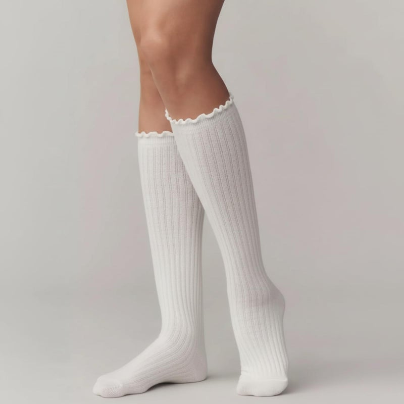 Breathffy 6 Pairs Women Ruffle Knee High Socks Turn Cuff Knit Breathable Cute Frilly Lettuce Dress Breathable Socks(White) - Image 2