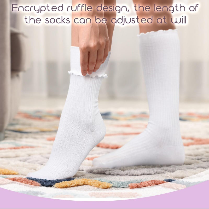 Breathffy 6 Pairs Women Ruffle Knee High Socks Turn Cuff Knit Breathable Cute Frilly Lettuce Dress Breathable Socks(White) - Image 5