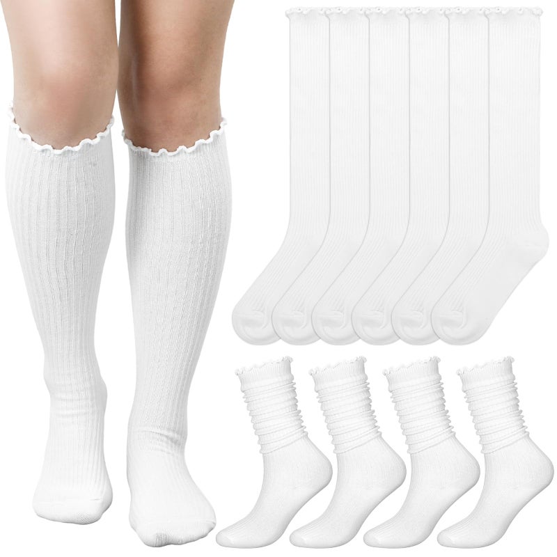 Breathffy 6 Pairs Women Ruffle Knee High Socks Turn Cuff Knit Breathable Cute Frilly Lettuce Dress Breathable Socks(White) - Image 1