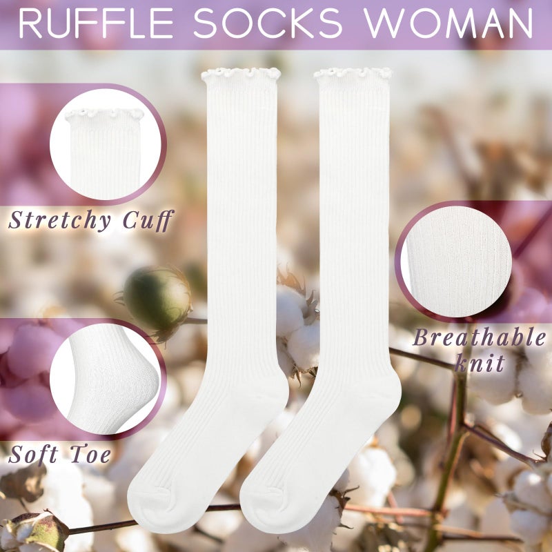 Breathffy 6 Pairs Women Ruffle Knee High Socks Turn Cuff Knit Breathable Cute Frilly Lettuce Dress Breathable Socks(White) - Image 4