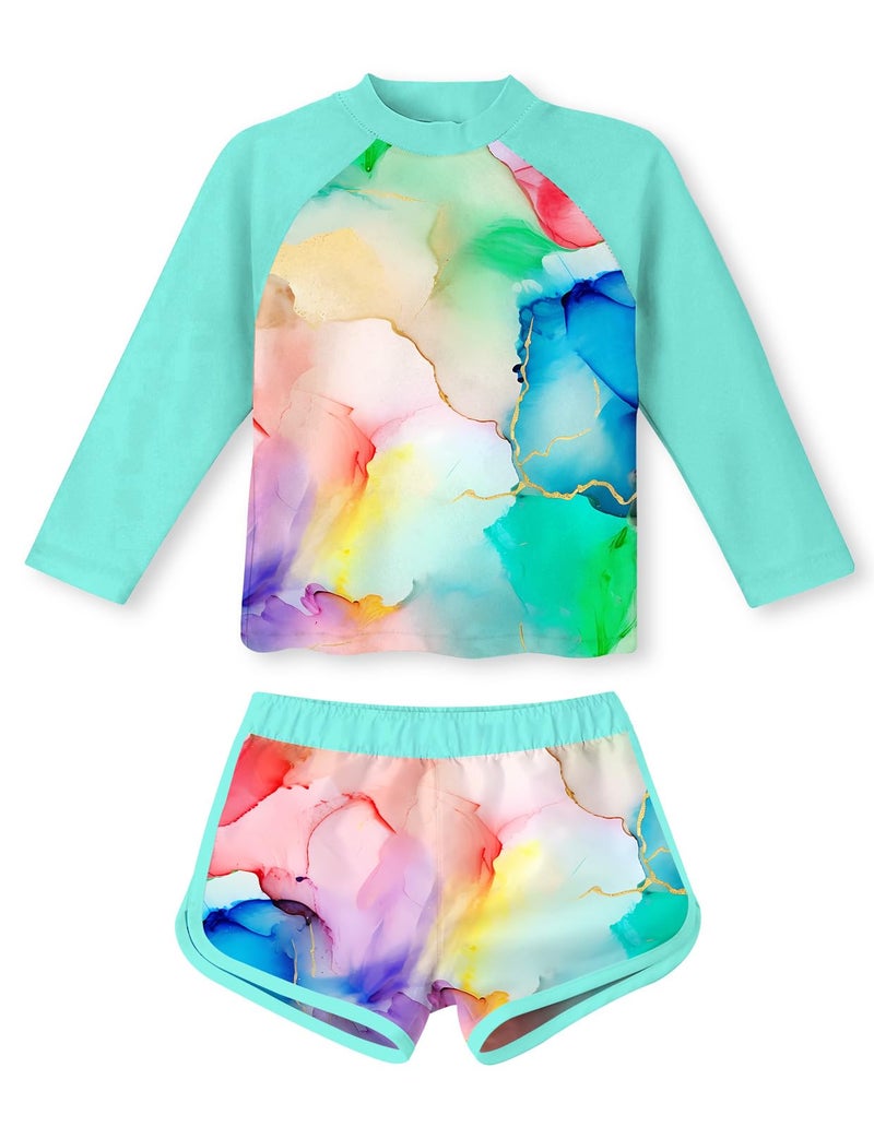 TUONROAD Swimsuit for Girls 4T 5T Kids Two Piece Long Sleeve Green Tankini Swim Suits for Girl Size 4 5 Rash Guard Set Marble Swimsuit Set Bikini Bathing Suit Beach Swimwear for Girls - Image 1