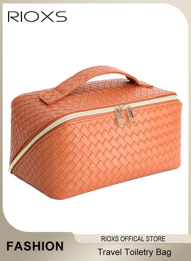 RIOXS Toiletry Bags, Large Capacity Travel Cosmetic Bags, Travel Makeup Bag for Women,  Waterproof PU Leather Woven Makeup Organizer Bag with Dividers and Handle, Ladies Multifunctional Make-up Organizer, Portable Open Flat Cosmetic Toiletry Bags, Cosmetic Pouch Gifts for Women/ Mam/ Friends, Orange 24*12*11cm - Image 2