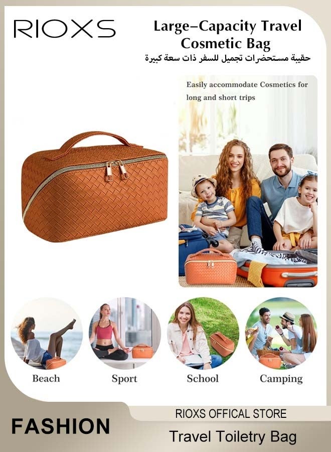 RIOXS Toiletry Bags, Large Capacity Travel Cosmetic Bags, Travel Makeup Bag for Women,  Waterproof PU Leather Woven Makeup Organizer Bag with Dividers and Handle, Ladies Multifunctional Make-up Organizer, Portable Open Flat Cosmetic Toiletry Bags, Cosmetic Pouch Gifts for Women/ Mam/ Friends, Orange 24*12*11cm - Image 1