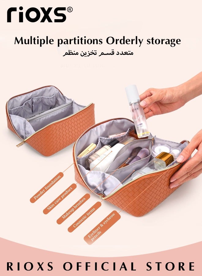 RIOXS Toiletry Bags, Large Capacity Travel Cosmetic Bags, Travel Makeup Bag for Women,  Waterproof PU Leather Woven Makeup Organizer Bag with Dividers and Handle, Ladies Multifunctional Make-up Organizer, Portable Open Flat Cosmetic Toiletry Bags, Cosmetic Pouch Gifts for Women/ Mam/ Friends, Orange 24*12*11cm - Image 4