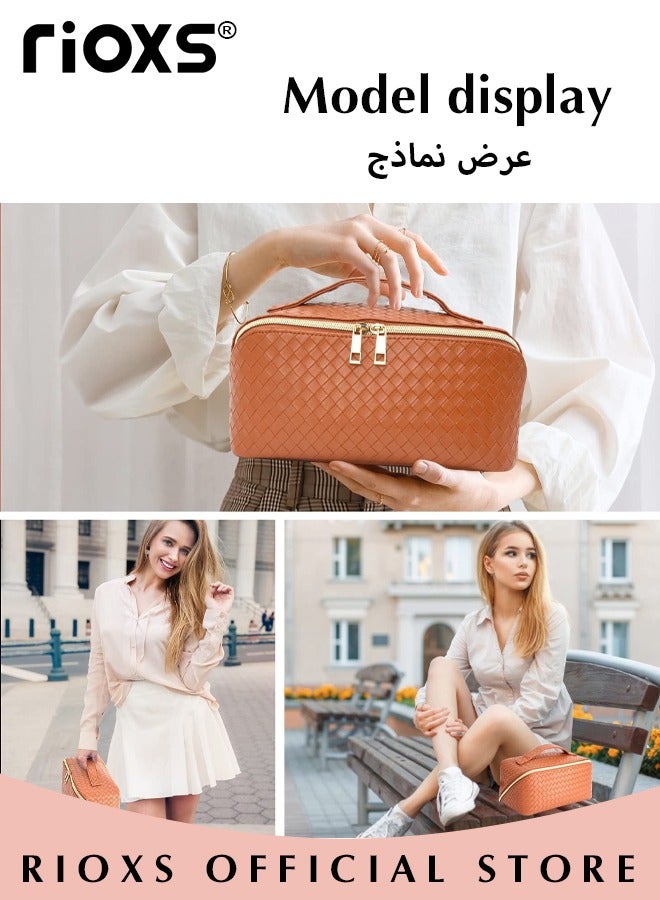 RIOXS Toiletry Bags, Large Capacity Travel Cosmetic Bags, Travel Makeup Bag for Women,  Waterproof PU Leather Woven Makeup Organizer Bag with Dividers and Handle, Ladies Multifunctional Make-up Organizer, Portable Open Flat Cosmetic Toiletry Bags, Cosmetic Pouch Gifts for Women/ Mam/ Friends, Orange 24*12*11cm - Image 3