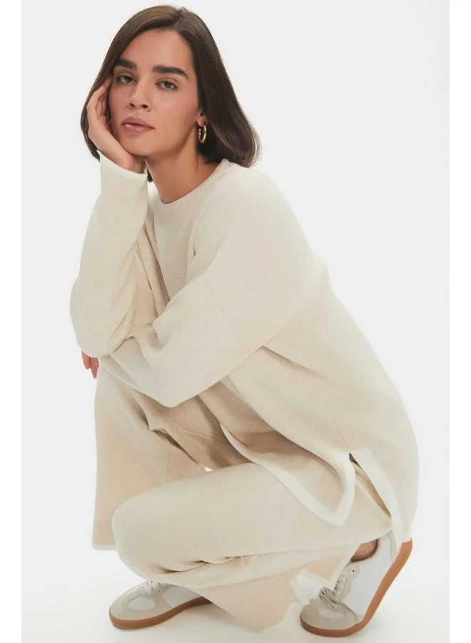 JUNE June Women Wide Fit Knitwear Sweater Trouser Set Beige - Ecru