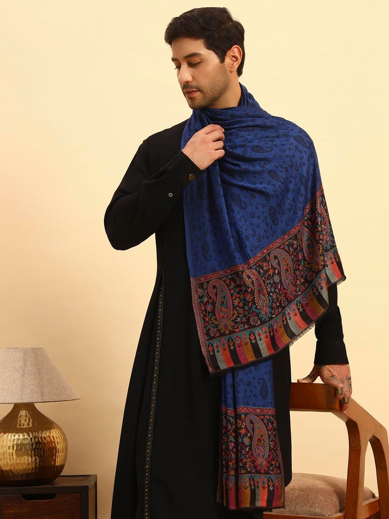 Pashmoda Men Gulpari Kaani Stole, Authentic Kashmiri Luxury Pashmina Style Shawl, Stole, Small Size Gents Lohi, (Size 28x80 Inches,Navyblue Color) MAVST06 - Image 2