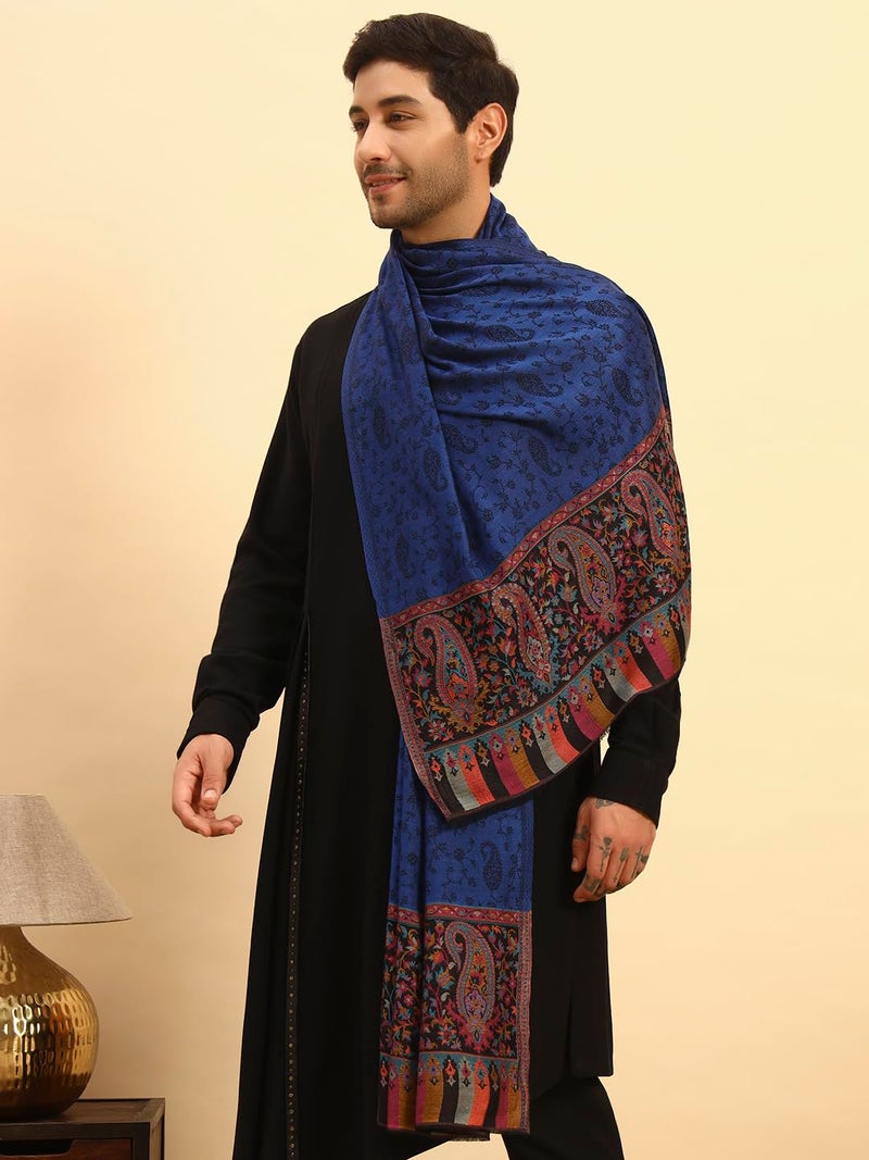 Pashmoda Men Gulpari Kaani Stole, Authentic Kashmiri Luxury Pashmina Style Shawl, Stole, Small Size Gents Lohi, (Size 28x80 Inches,Navyblue Color) MAVST06 - Image 5