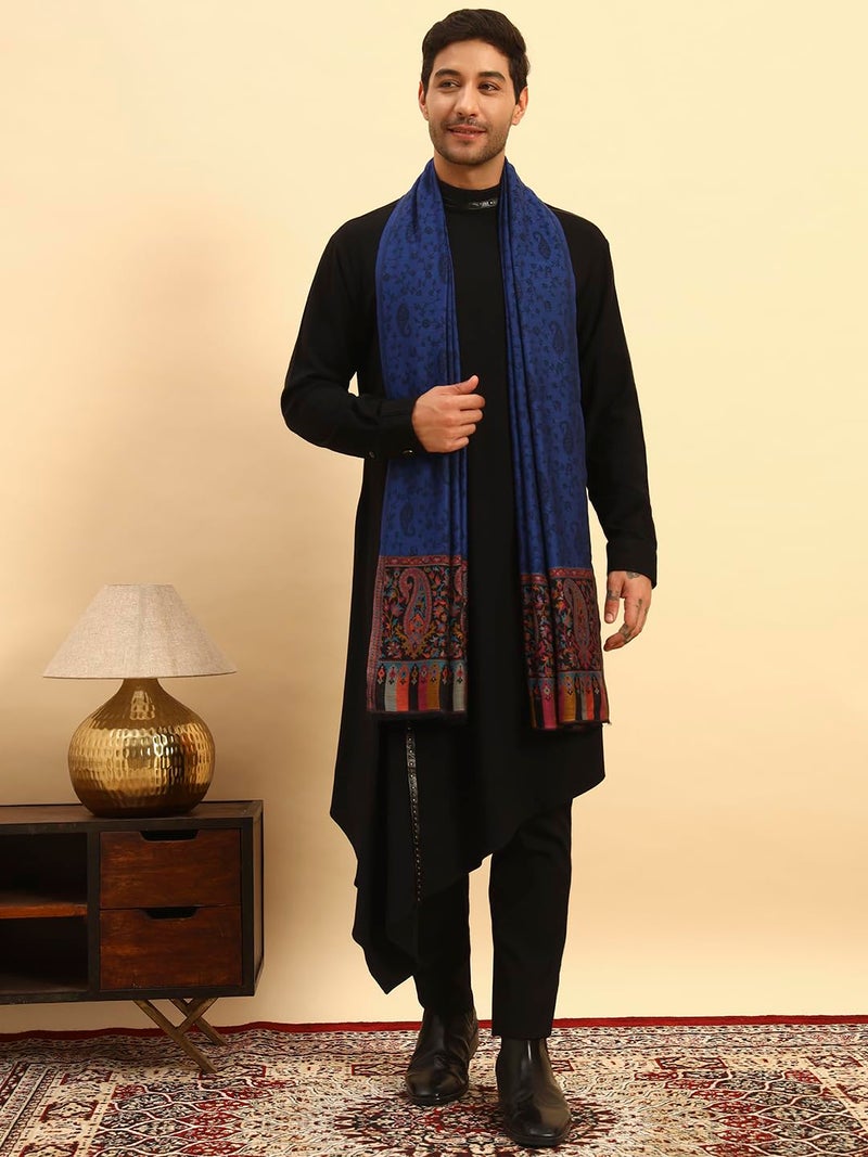 Pashmoda Men Gulpari Kaani Stole, Authentic Kashmiri Luxury Pashmina Style Shawl, Stole, Small Size Gents Lohi, (Size 28x80 Inches,Navyblue Color) MAVST06 - Image 3