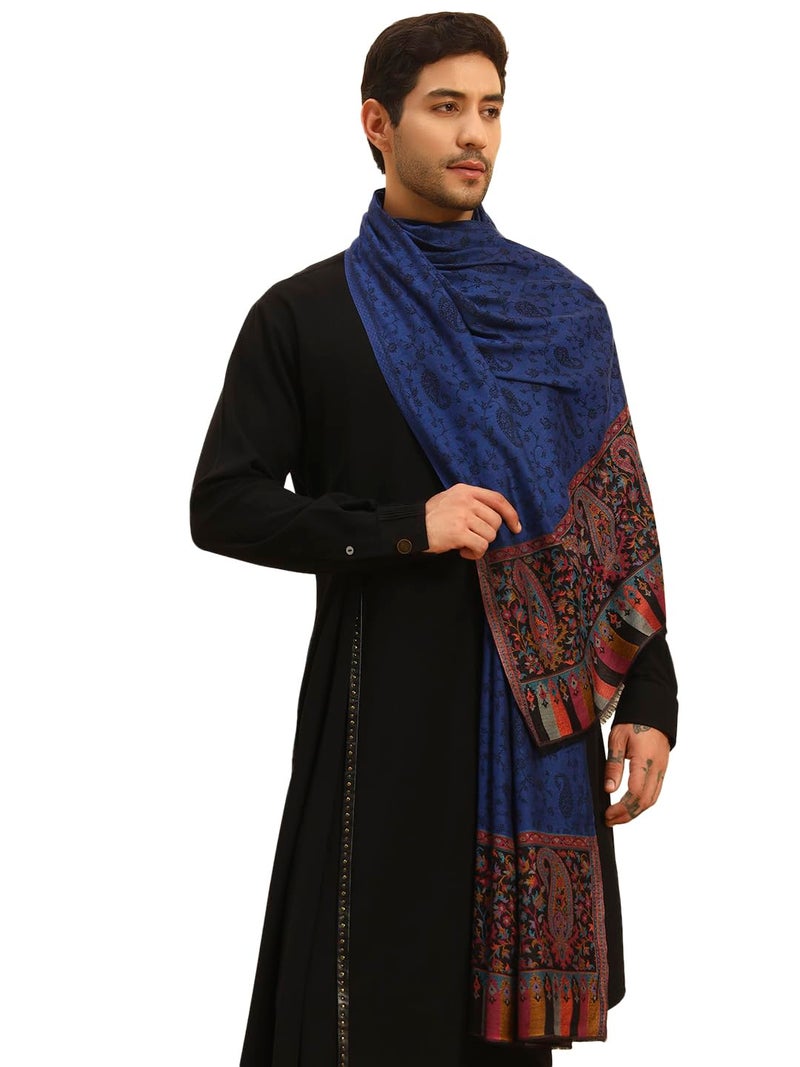 Pashmoda Men Gulpari Kaani Stole, Authentic Kashmiri Luxury Pashmina Style Shawl, Stole, Small Size Gents Lohi, (Size 28x80 Inches,Navyblue Color) MAVST06 - Image 1