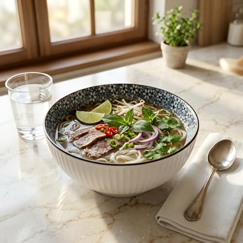 QINLANG Large Soup Bowls, Pho & Ramen Set of 3, 60 oz Blue & White Porcelain - Floral Pattern - Image 3