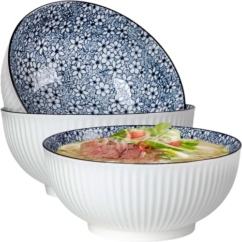QINLANG Large Soup Bowls, Pho & Ramen Set of 3, 60 oz Blue & White Porcelain - Floral Pattern - Image 1