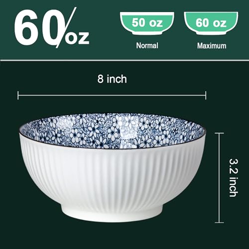 QINLANG Large Soup Bowls, Pho & Ramen Set of 3, 60 oz Blue & White Porcelain - Floral Pattern - Image 2