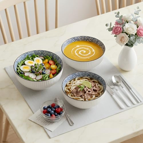 QINLANG Large Soup Bowls, Pho & Ramen Set of 3, 60 oz Blue & White Porcelain - Floral Pattern - Image 5