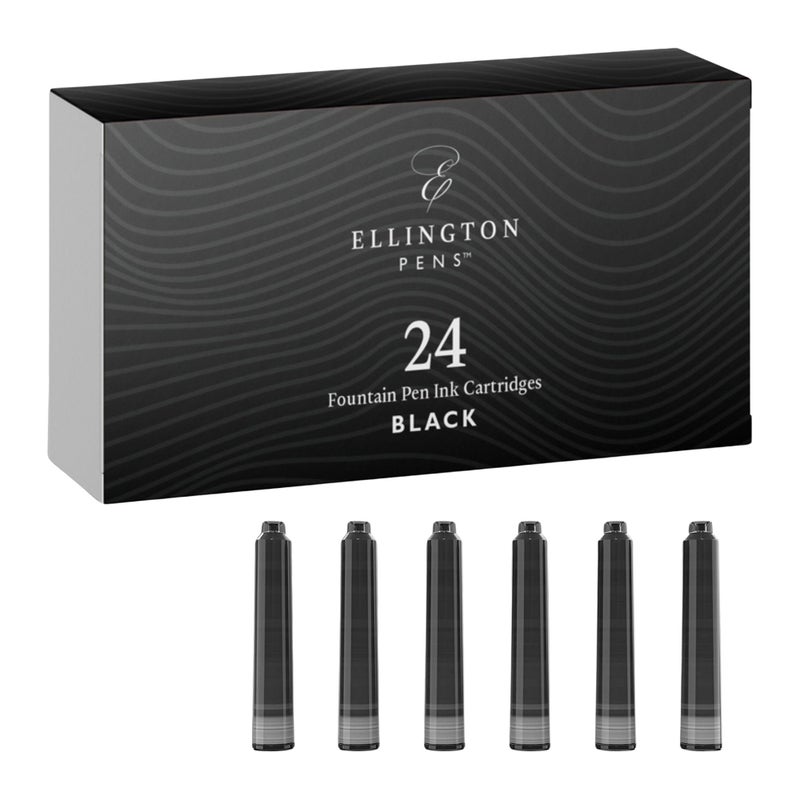 Ellington Pens 24 Black Fountain Pen Ink Refills - 24 Pack International Standard Size Cartridges - Ink for Fountain Pens - Premium Quality & Non-Toxic, Long-Lasting & Waterproof, Dries Quickly - Image 1