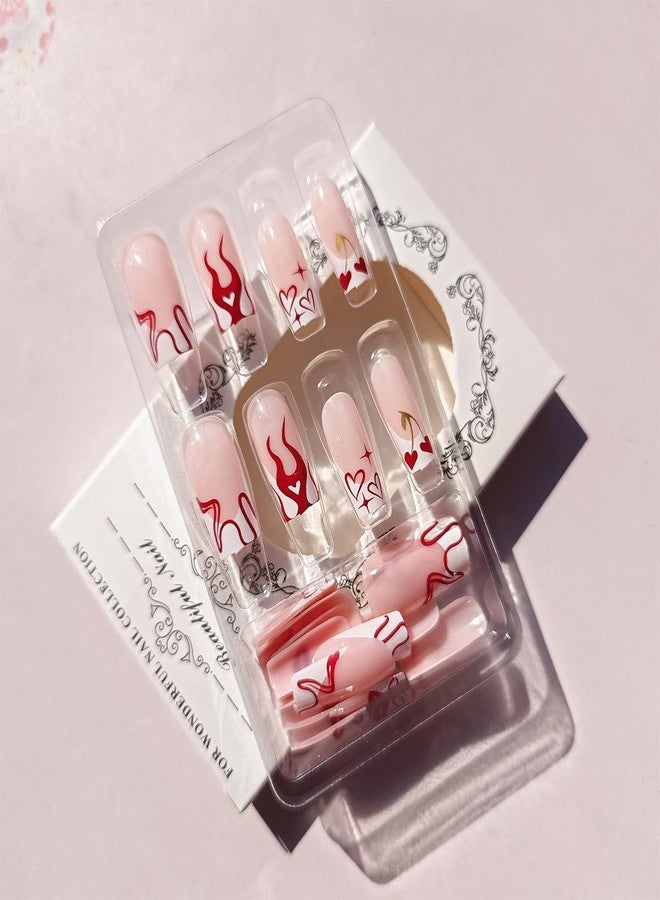 FDSQHSA 24 Pcs French Tip Press on Nails Medium Square Valentines Fake Nails Heart False Nails Red Lips Artificial Nails Glue on Nails Valentine's Day Acrylic Nails for Women Girl Nail Decoration - Image 4