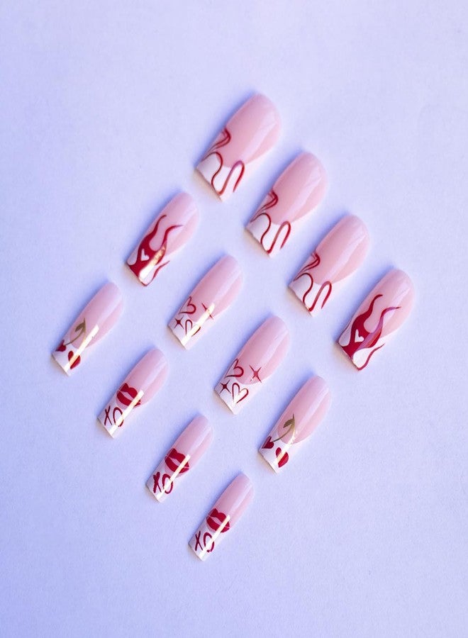 FDSQHSA 24 Pcs French Tip Press on Nails Medium Square Valentines Fake Nails Heart False Nails Red Lips Artificial Nails Glue on Nails Valentine's Day Acrylic Nails for Women Girl Nail Decoration - Image 2