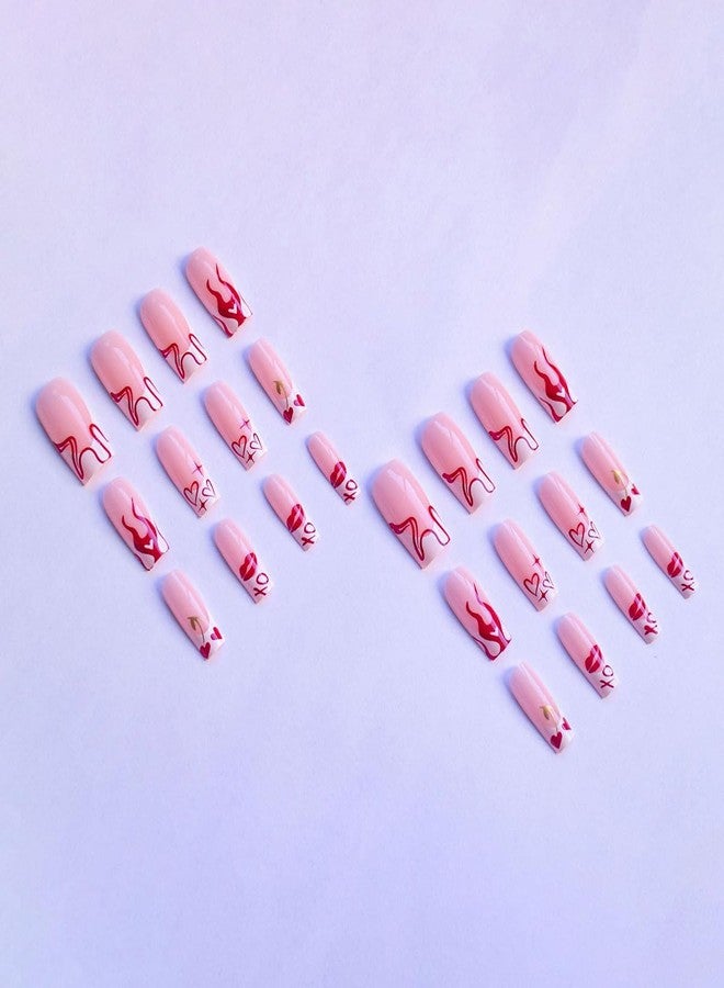 FDSQHSA 24 Pcs French Tip Press on Nails Medium Square Valentines Fake Nails Heart False Nails Red Lips Artificial Nails Glue on Nails Valentine's Day Acrylic Nails for Women Girl Nail Decoration - Image 3