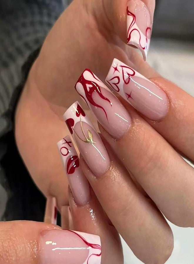 FDSQHSA 24 Pcs French Tip Press on Nails Medium Square Valentines Fake Nails Heart False Nails Red Lips Artificial Nails Glue on Nails Valentine's Day Acrylic Nails for Women Girl Nail Decoration - Image 1