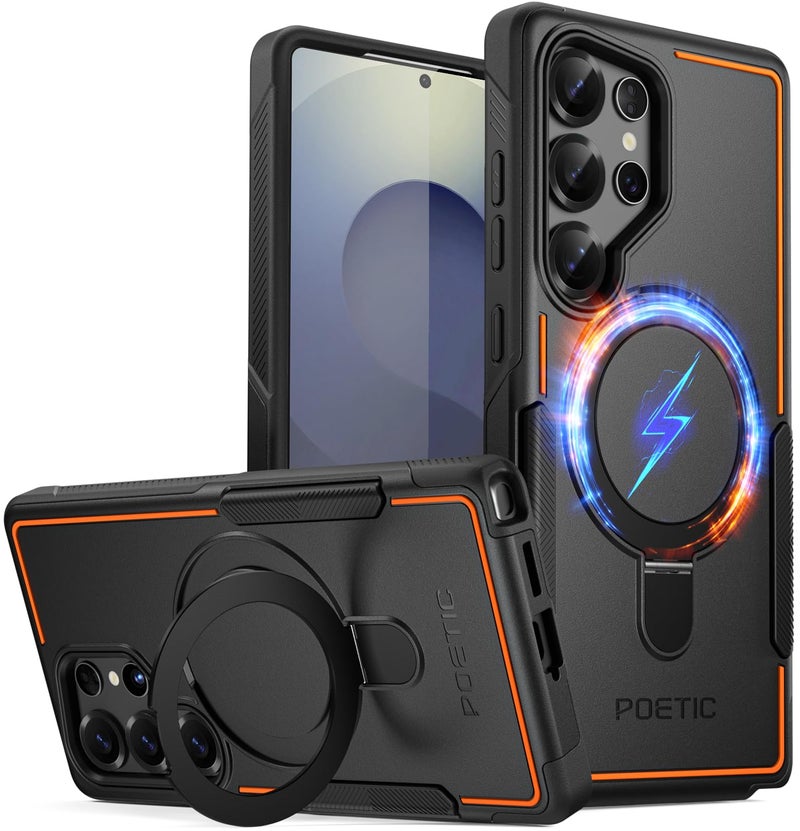 Poetic Neon MagPro Case for Samsung Galaxy S25 Ultra 5G, [Magnetic Ring Kickstand] Double Layer Rugged Slim Shockproof Protective Case, Black/Orange - Image 1