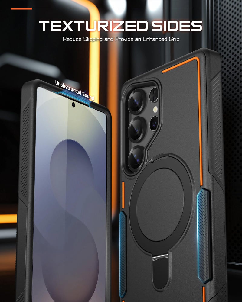 Poetic Neon MagPro Case for Samsung Galaxy S25 Ultra 5G, [Magnetic Ring Kickstand] Double Layer Rugged Slim Shockproof Protective Case, Black/Orange - Image 3