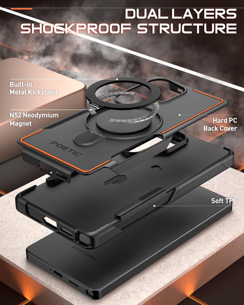Poetic Neon MagPro Case for Samsung Galaxy S25 Ultra 5G, [Magnetic Ring Kickstand] Double Layer Rugged Slim Shockproof Protective Case, Black/Orange - Image 2