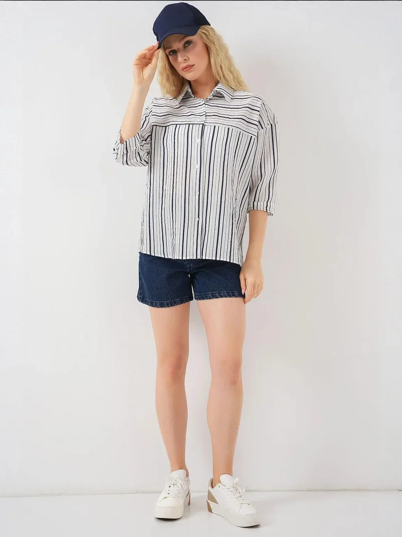 بيغ دارت قميص بوبلين مخطط بثلاثة أرباع كم