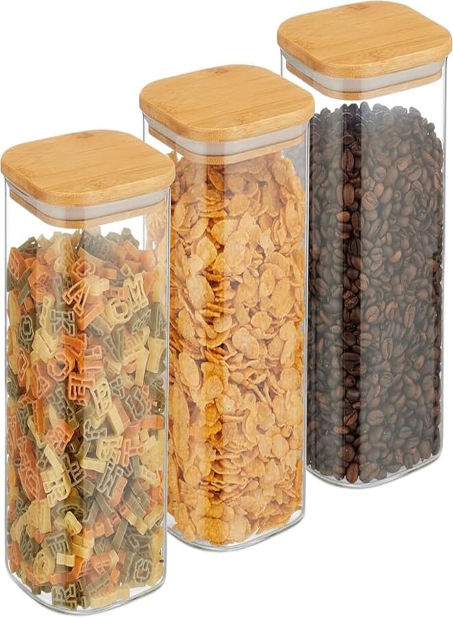 3 Pcs Glass Storage Jars, Airtight Food Canisters,with Bamboo Lid, 50 oz Storage Jar for Serving Tea, Coffee and Spice, Cereals, Food Storage Jar,10 * 10 * 20CM, Clear