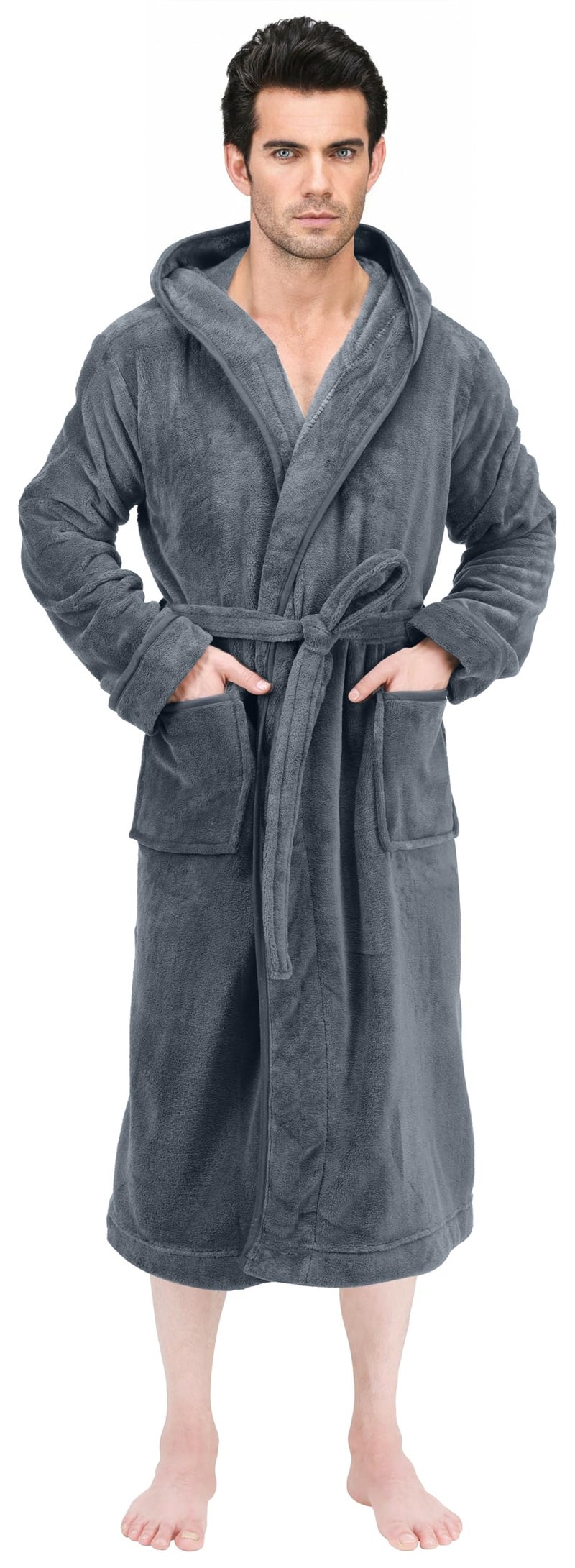 NY Threads Mens Robe with Hood, Luxury Plush Fleece Hooded Mens Bathrobe, Spa Bath Robe for Men, Large/X-Large, Grey - Image 4